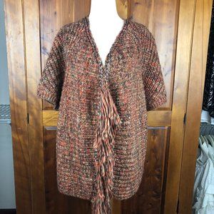 Chico's Katrina Boho Wool Blend Fringed Chunky Knit Open Front Cardigan Sweater